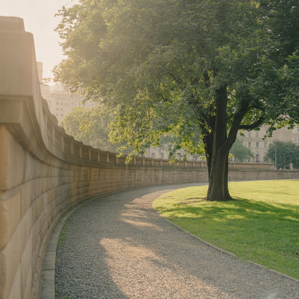 A gravel path curving through a quiet city park beside a low stone wall and an open patch of grass under a large plane t