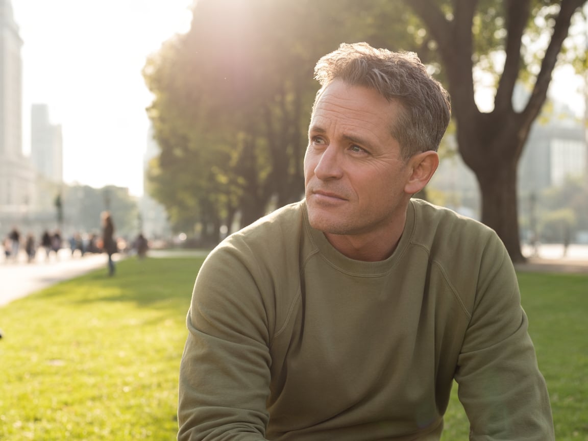 An ordinary-looking man in his mid forties with short greying hair and a plain olive sweatshirt sitting on the grass of 