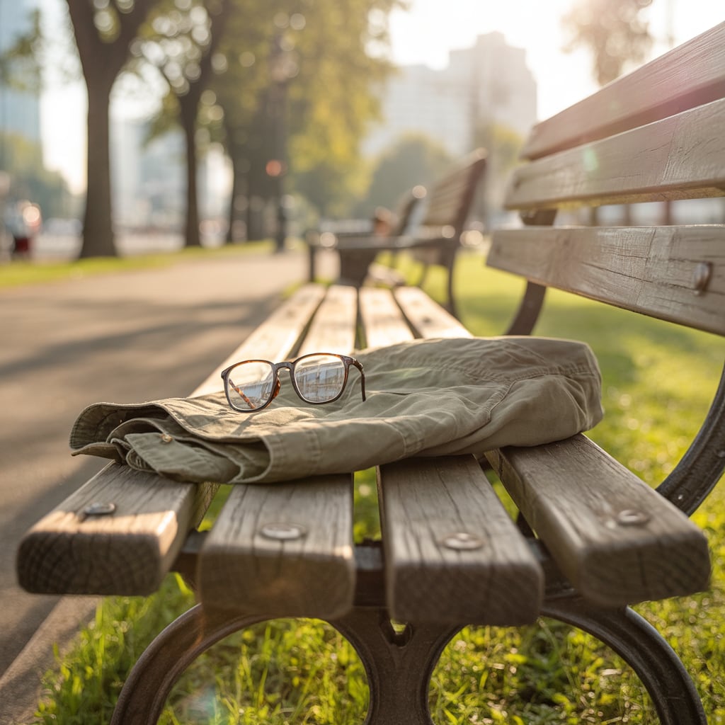 A pair of reading glasses and a folded canvas jacket resting on a weathered wooden bench in a quiet city park, soft gras